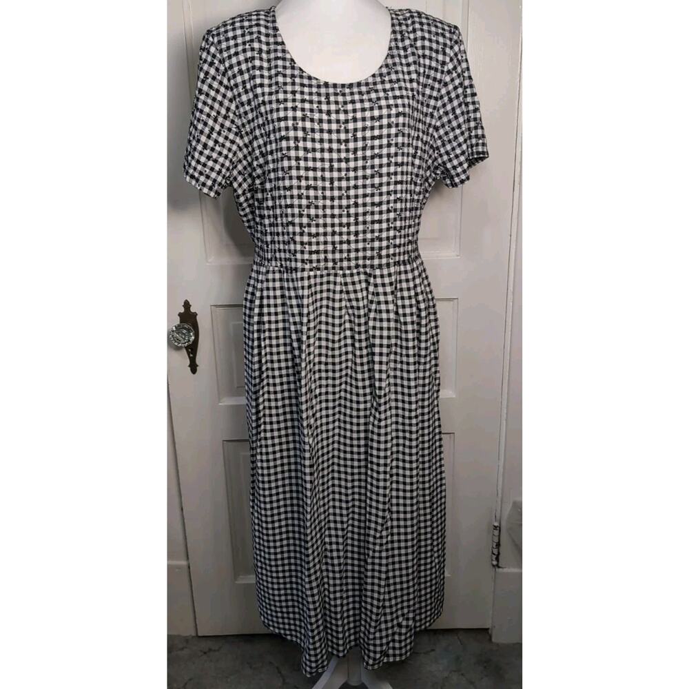 Vtg KDK designs Dress Gingham Floral Tie-Back USA Black White Women's 18W(1133)